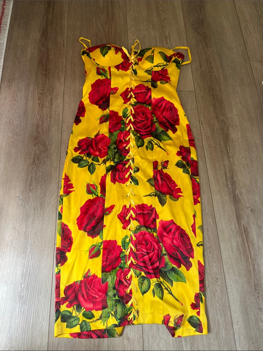 Yellow Dress with Bold Red Rose Print